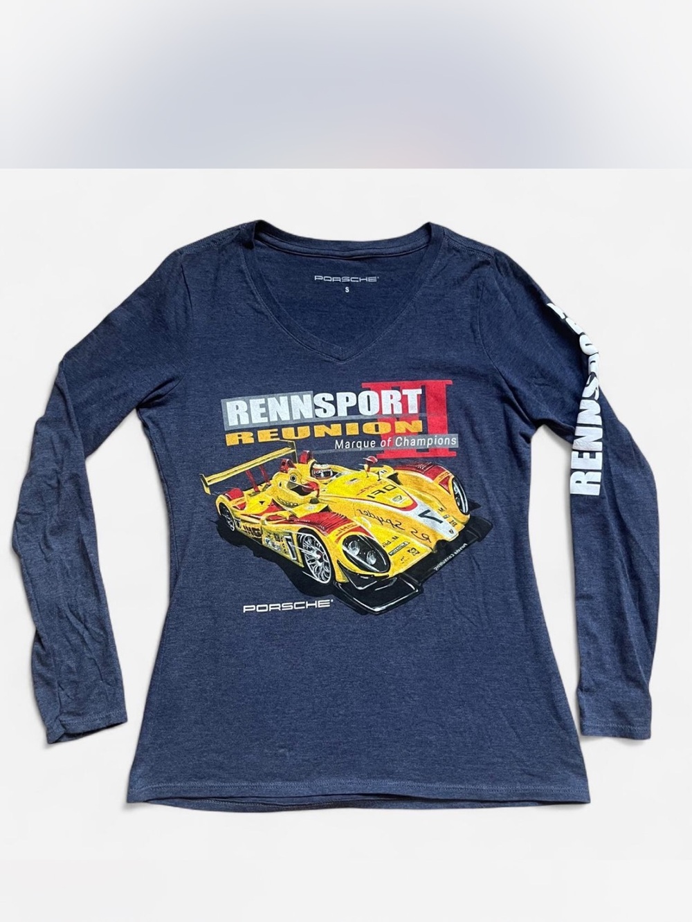Porsche Design Rennsport Reunion Graphic Long Sleeve Tee - Navy with Yellow - Picture 3 of 6